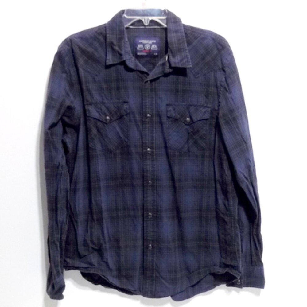 American Eagle Men’s Blue/Black Plaid Long Sleeve Snap Closure Shirt – Size: L